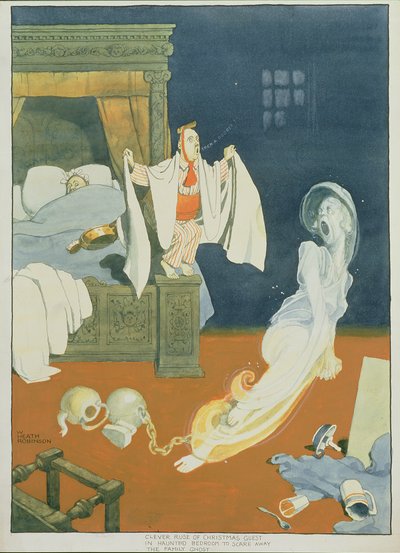 Cleverer Trick des Weihnachtsgastes im Spukzimmer, um den Familiengeist zu vertreiben (Feder & Tinte und Aquarell auf Papier) von William Heath Robinson